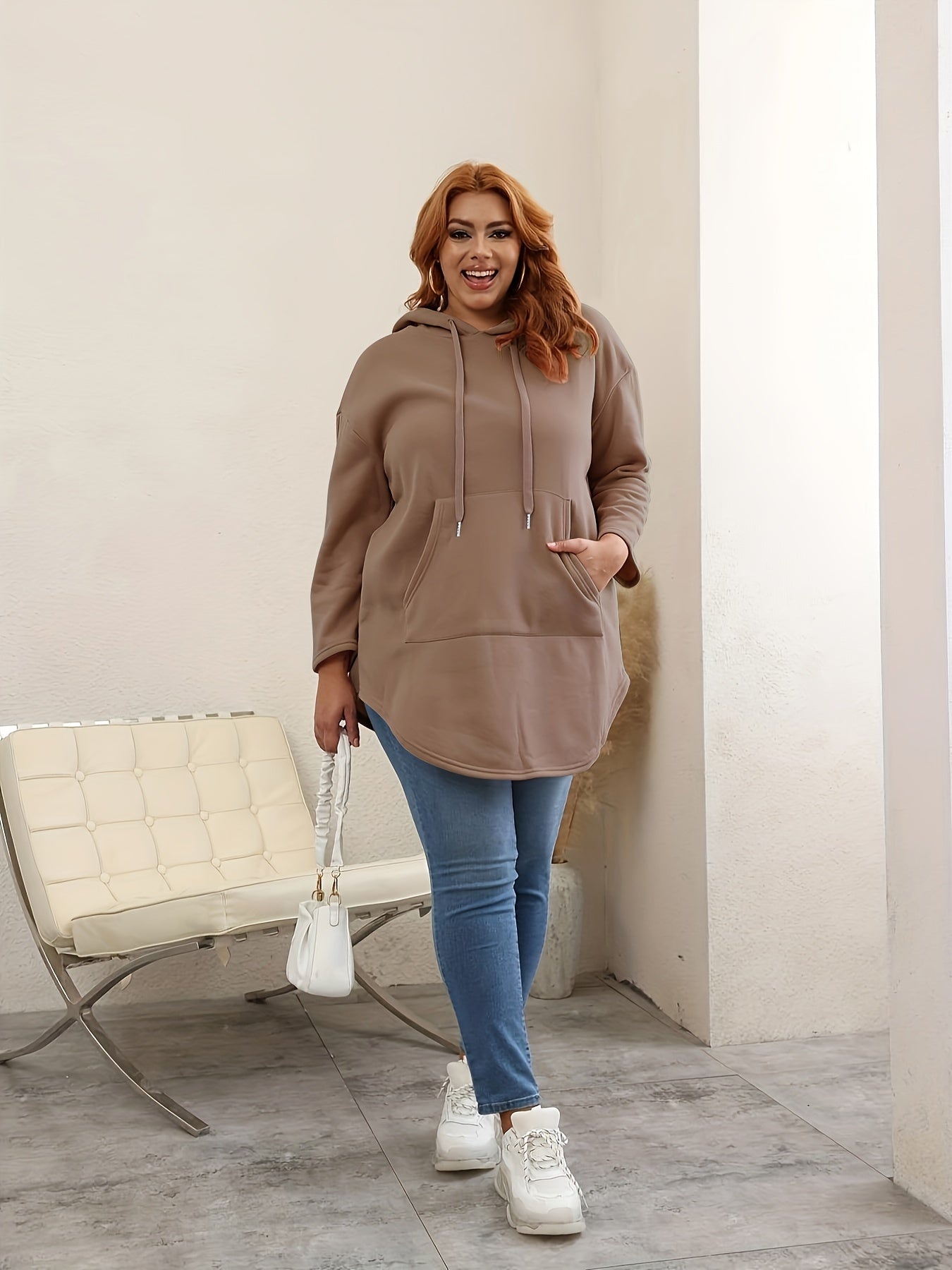 Ayollar uchun plus o'lchamli dengiz bo'yi ko'k hoodie, kangaroo cho'ntagi bilan, kundalik uzun qo'l kiyim, sweatshir