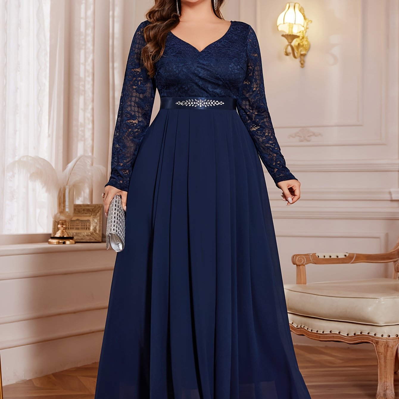 Plus Size Women’s Chiffon Long Dress V-Neck Flared Beaded Waist Party