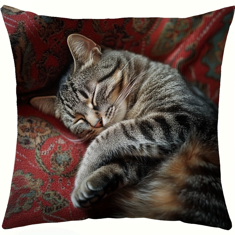 Gray Polyester Pillow Cover with Cat Design Zipper Closure Double-Sided Pattern for Holiday Decor