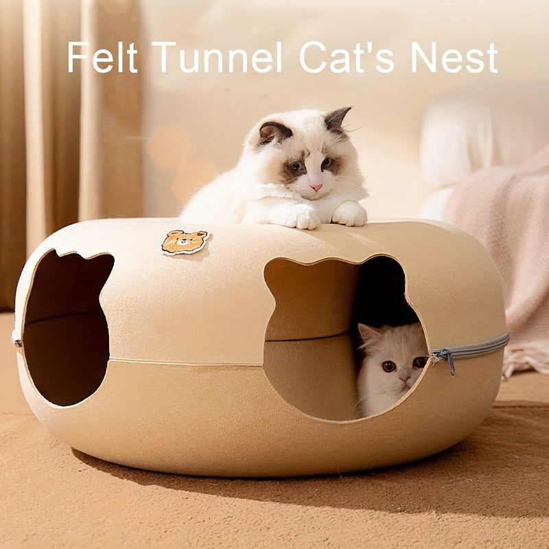 Felt Cat Shelter with Zippered Entrance and Detachable Bed for All Seasons