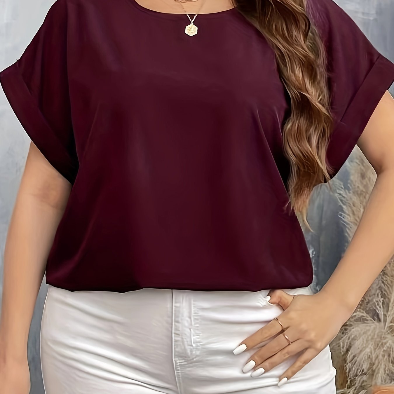 Plus Size Women's Burgundy Drop Shoulder Shirt Casual Short Sleeve Top