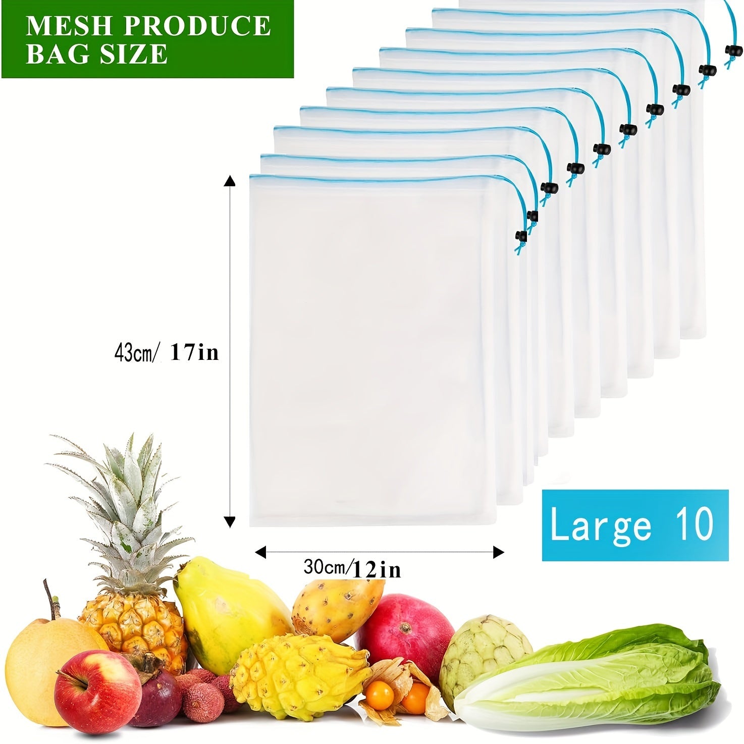 Juego de 10 bolsas de malla reutilizables para frutas y verduras lavables y transparentes