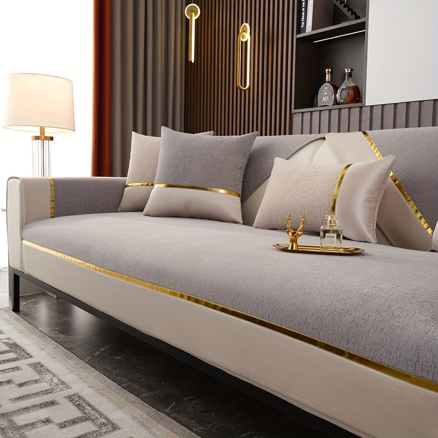 Chenille divan qopqog'i, sirpanmaydigan, oltin chekka, yashash xonasida mebellarni himoya qiladi