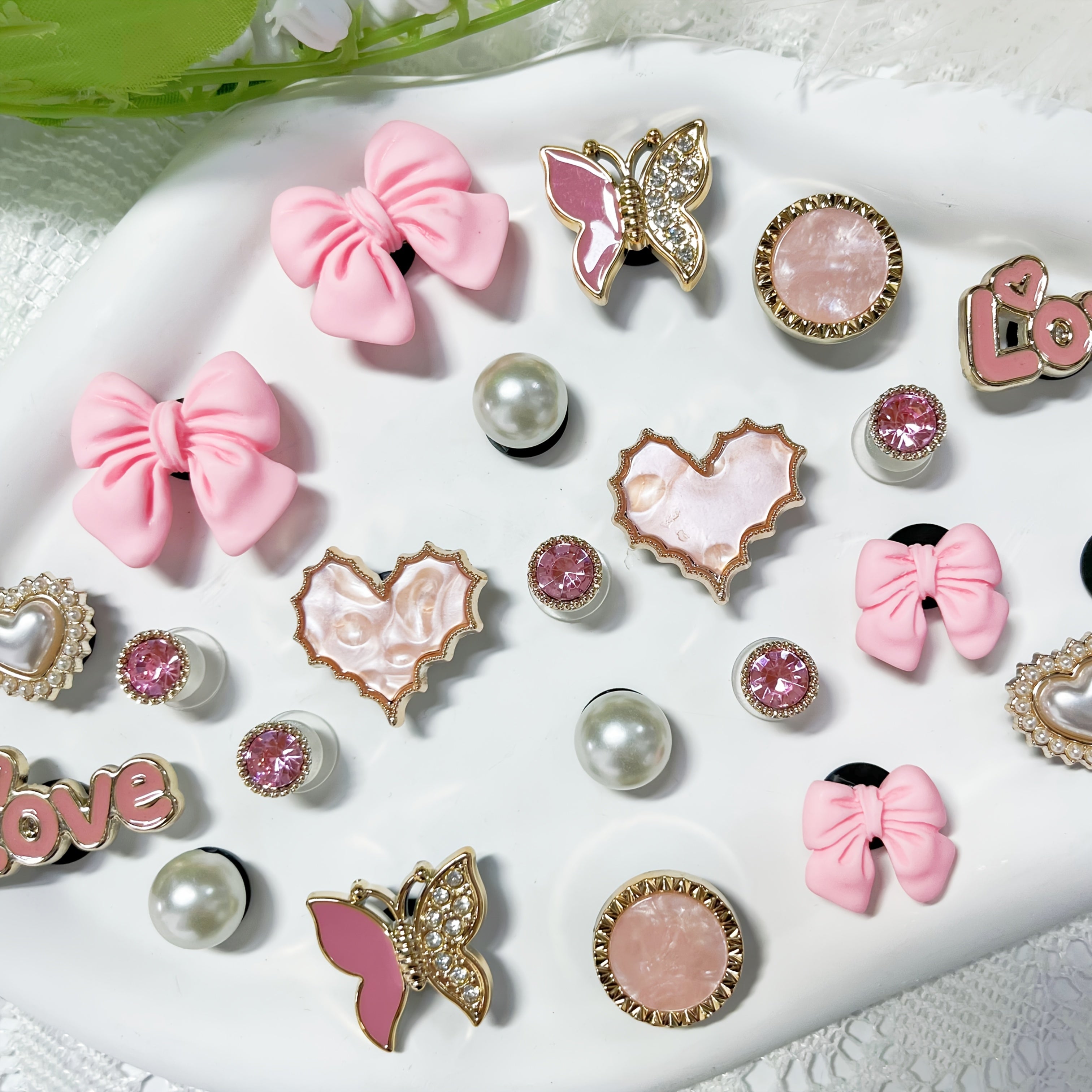 Pink Heart and Bow Shoe Charms Set with Rhinestones for Women’s Sandals
