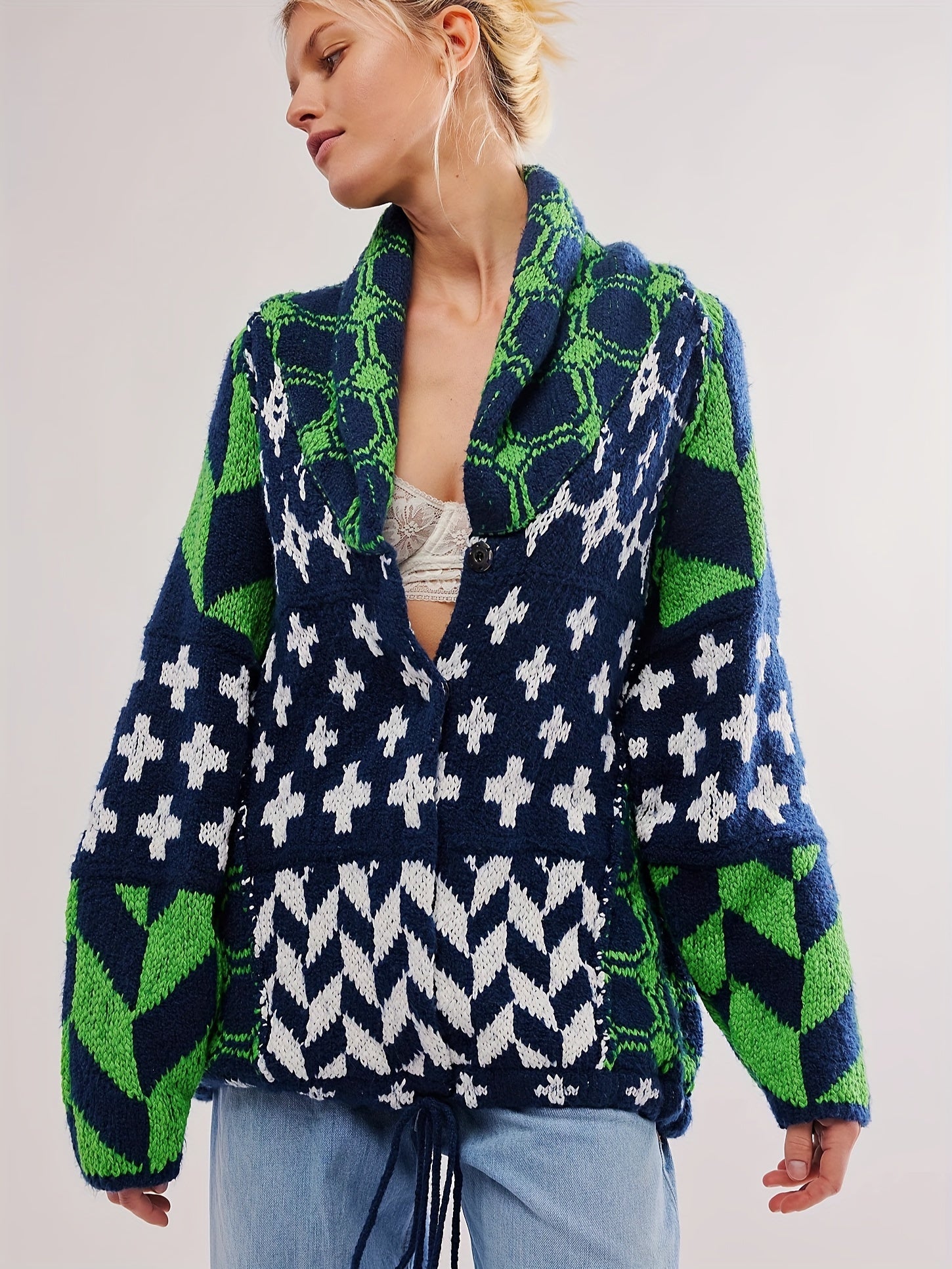 Plus Size Women's Geometric Pattern Cardigan Long Sleeve Open Front Fall Winter Layering