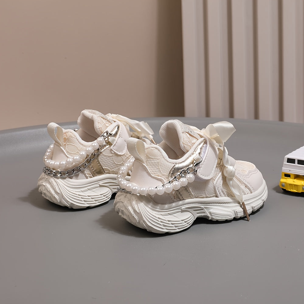 Girls Casual Pearl Chain Low Top Sneakers for Spring and Fall Non-Slip Sport Shoes