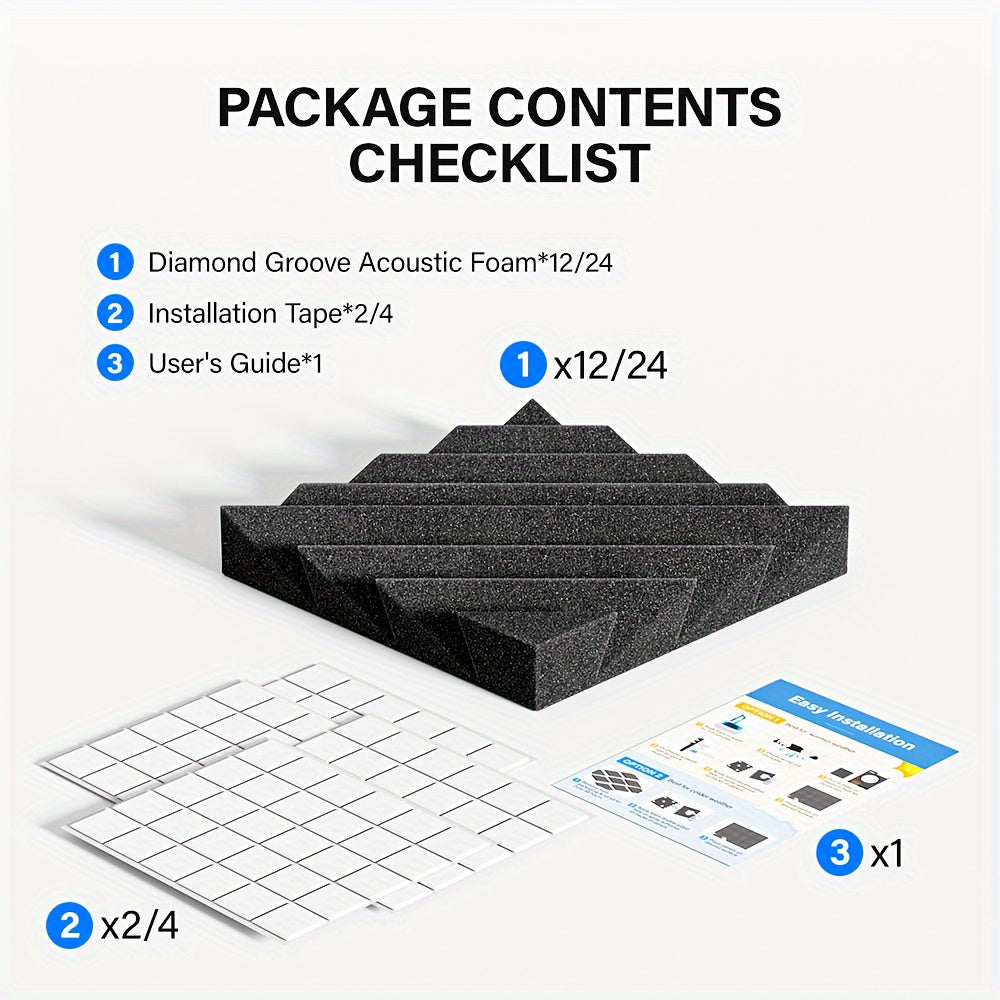 24pcs Acoustic Foam Panels 12x12 Inch Soundproofing Tiles for Studio Home Office Black Grey White