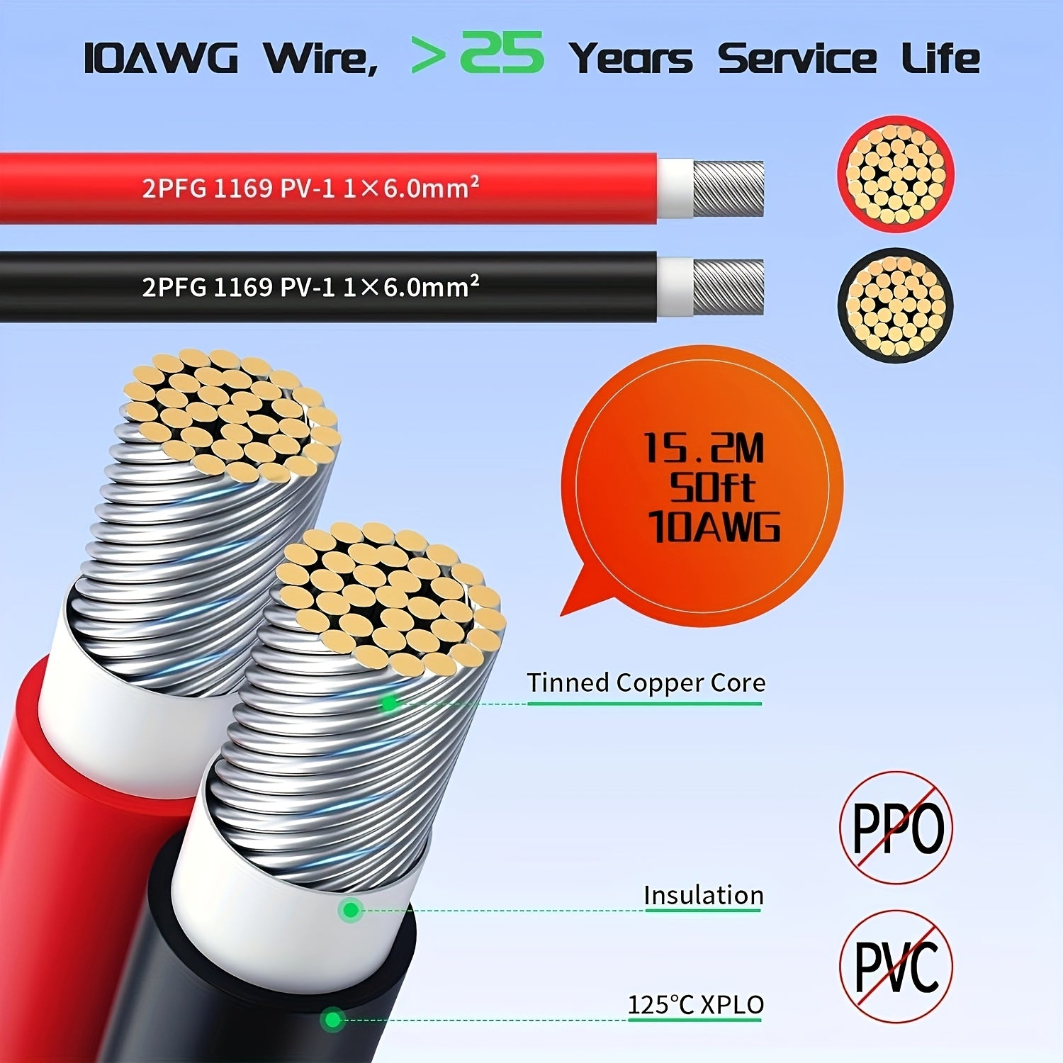 AXOTEN Quyosh Paneli Kengaytirish Kabeli To'plami, 30.48m, 10AWG Qoplangan Mis, Ikki Voltli 110V/220V, Tashqi, Avtomobil, RV, Qayiq, Amerika Seriyali Transport Vositalari uchun - Qora va Qizil Kombinatsiya To'plami, Batareyasiz