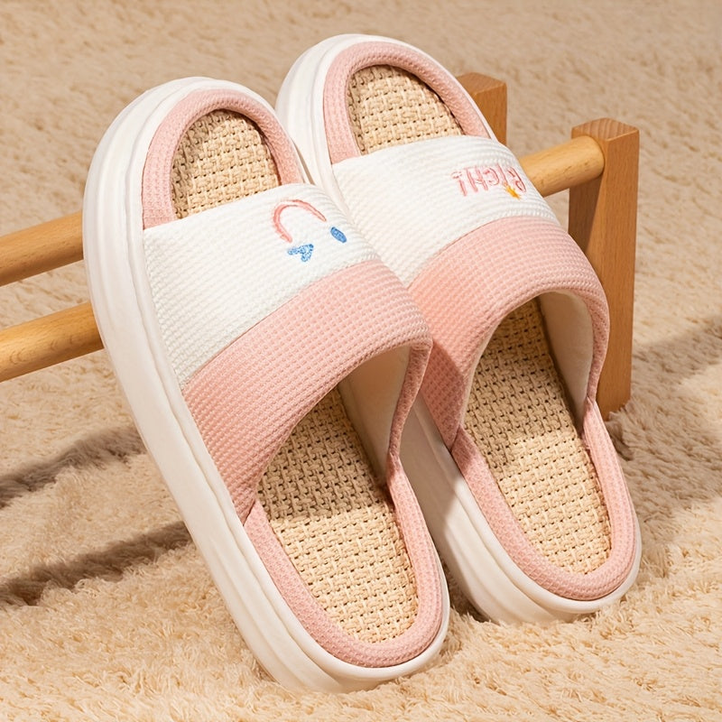 Women Linen Slippers Soft Non-Slip Indoor Shoes Light Blue White Love