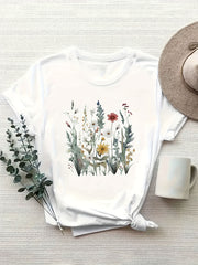 Women's Plus Size Floral Print T-Shirt White Short Sleeve Casual Top