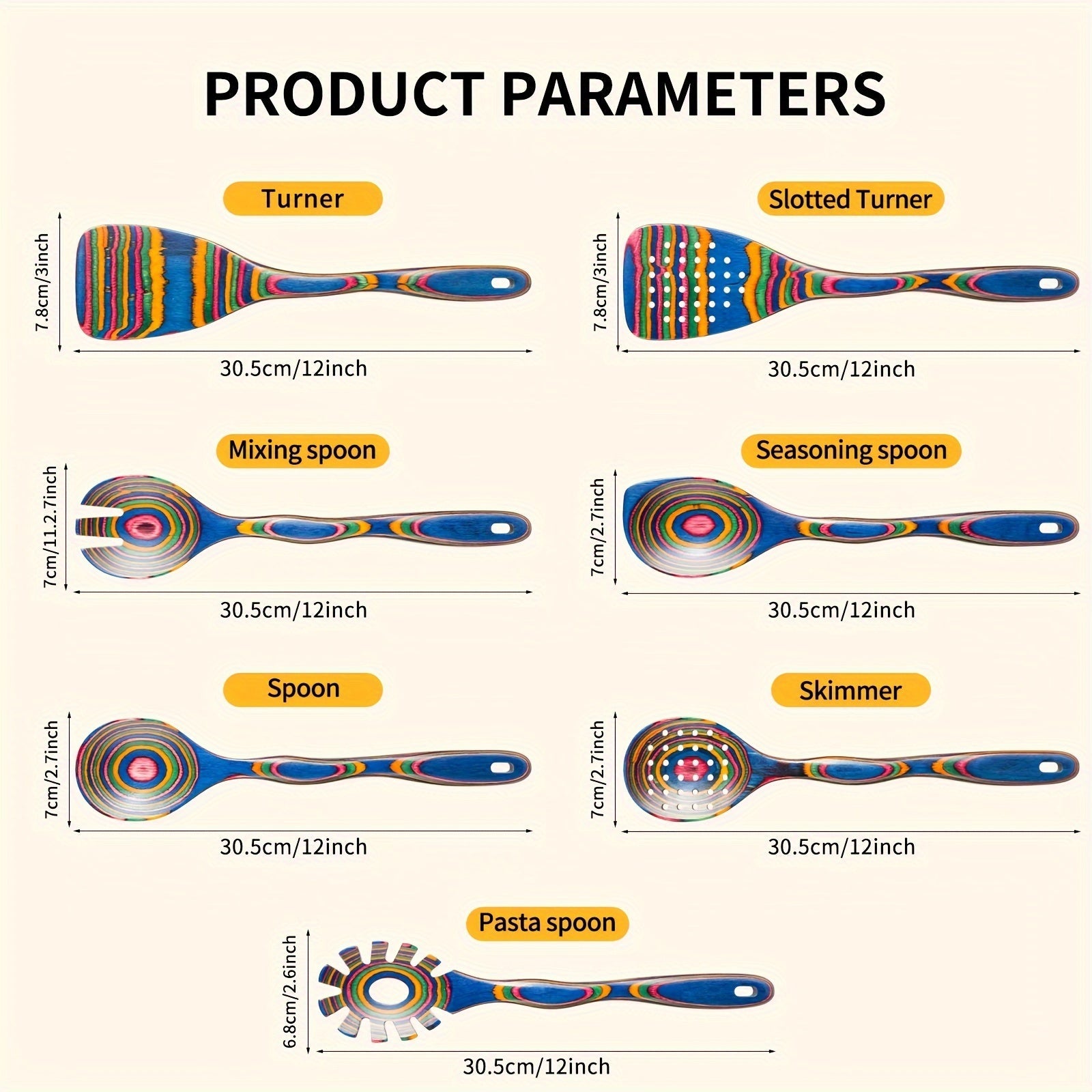 Wooden Kitchen Utensils Set 7-Piece Colorful Soup Spoons and Cooking Tools