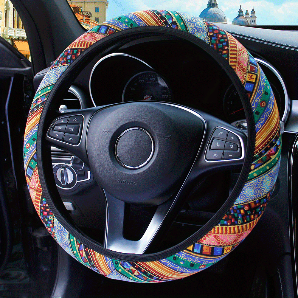 Unisex Bohemian Breathable Ethnic Fabric Car Steering Wheel Cover Polyester Fiber