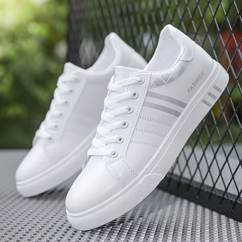 Men's White Skate Sneakers with PU Upper Rubber Sole Lace-Up Striped Casual
