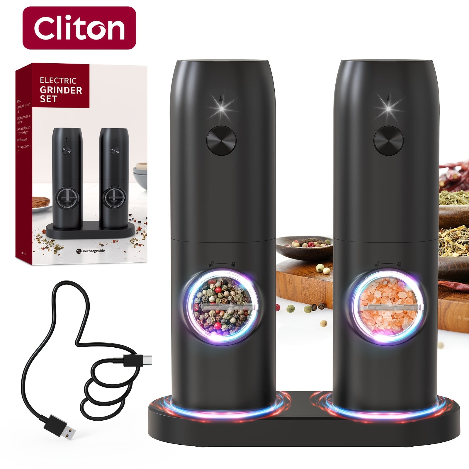 Rechargeable Electric Pepper Grinder Automatic USB Rechargeable Battery Black White Compact
