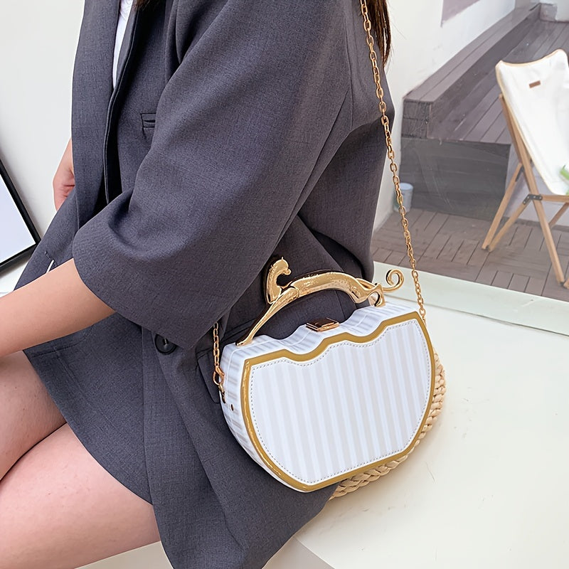 White Clutch Bag with Gold Chain Strap and Kiss Lock Closure for Daily Use