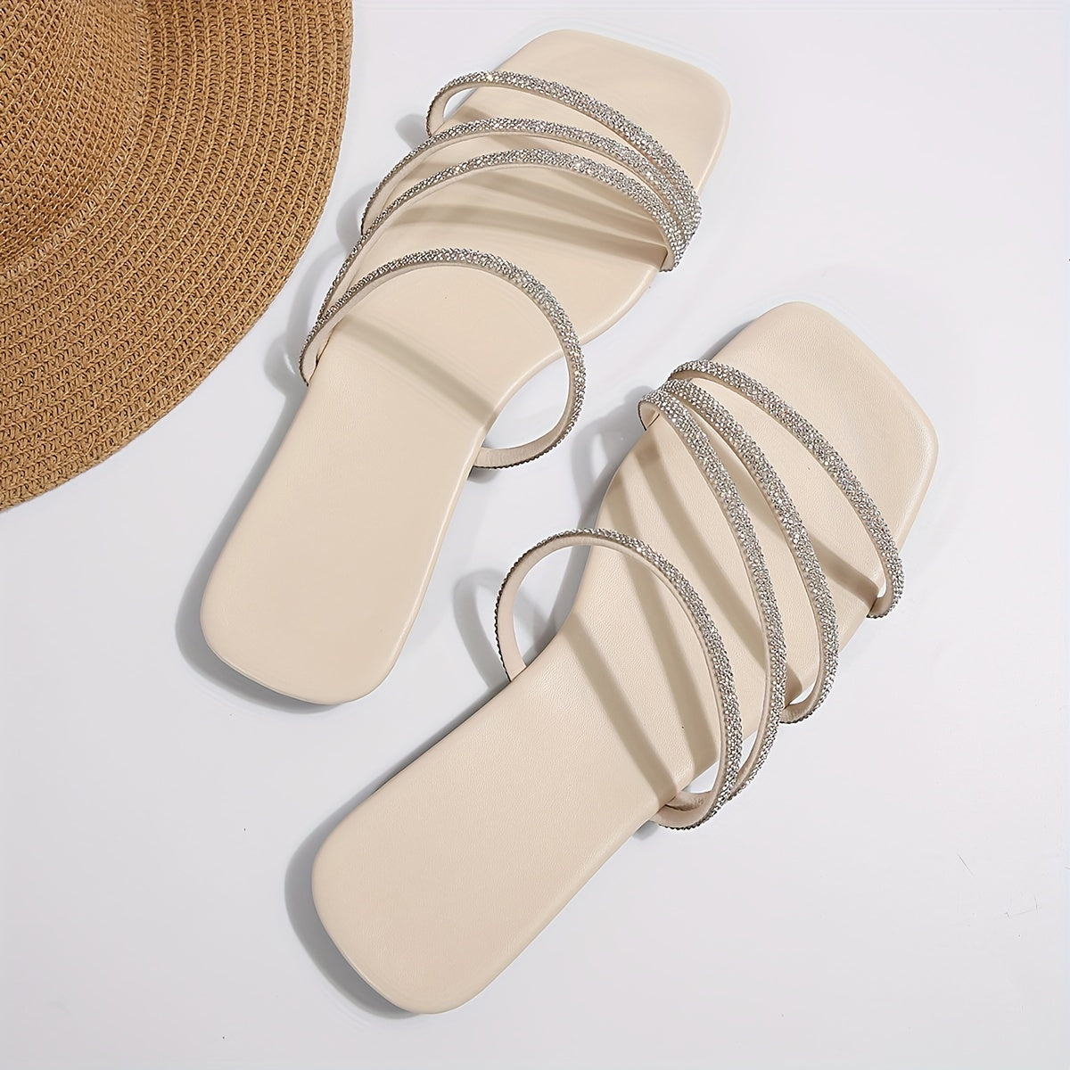 Women's Faux Leather Slide Sandals Open Toe Rhinestone Flat Shoes