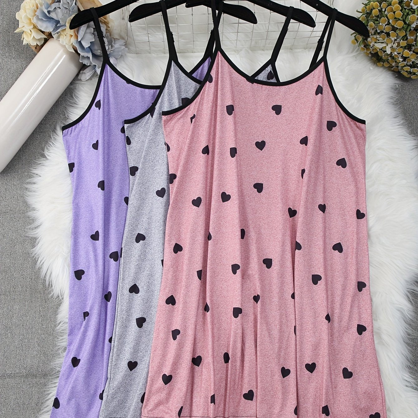 Plus Size Women's Heart Print Nightdress Set Three Piece Sleepwear