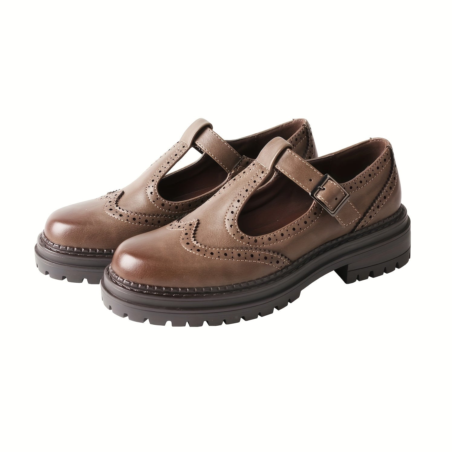 Men Brown Leather Brogue Oxford Shoes Casual Loafers with Buckle