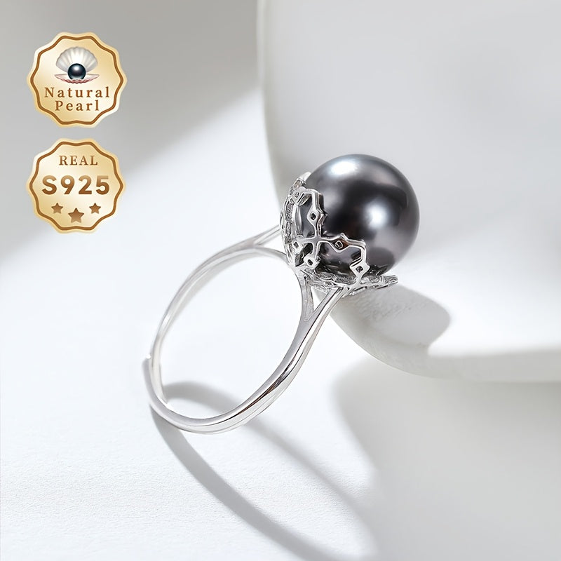 Black Natural Pearl Ring 11-12mm Freshwater Silver Adjustable Jewelry