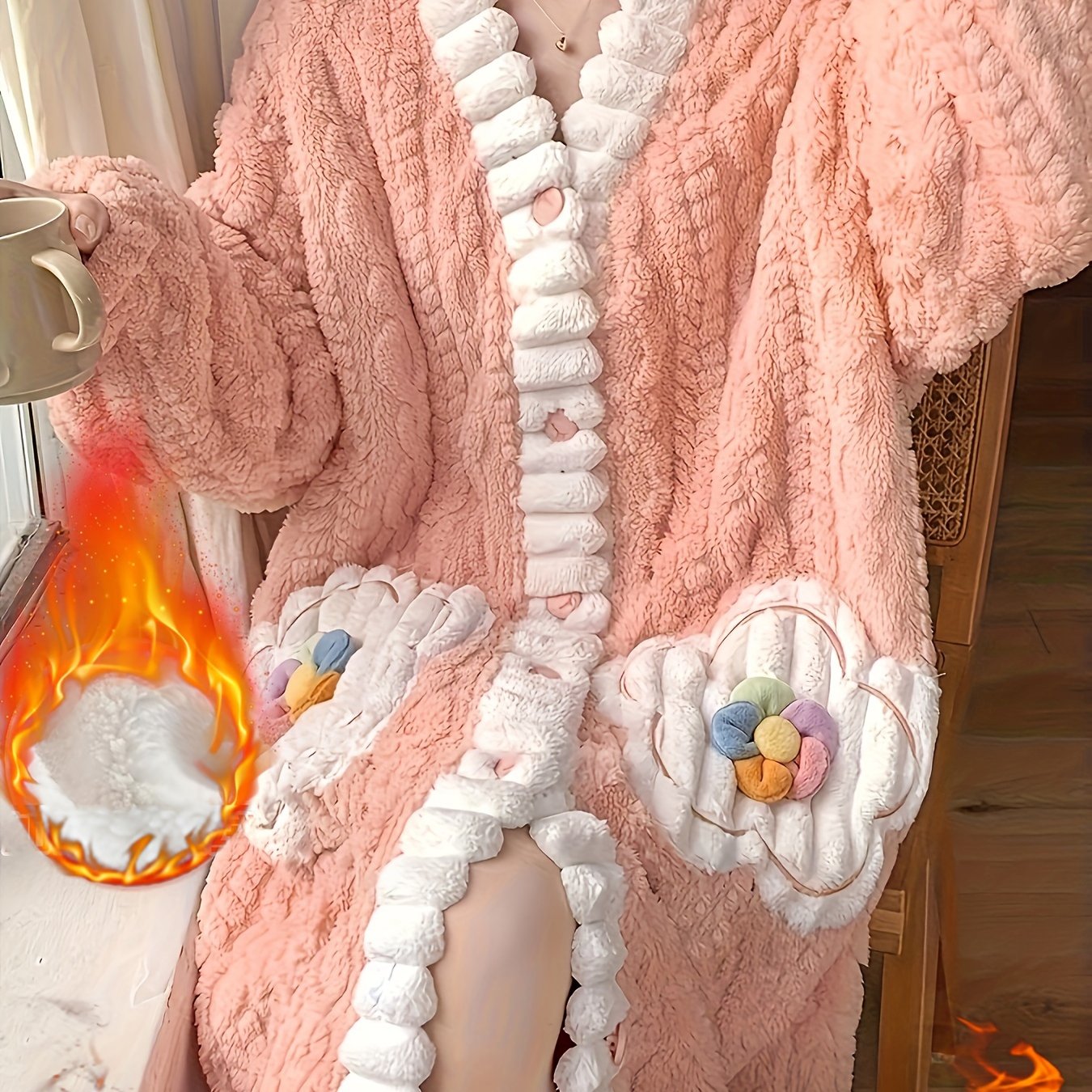 Women's Fleece-Lined V-Neck Sleep Robe with Pockets and Floral Pattern