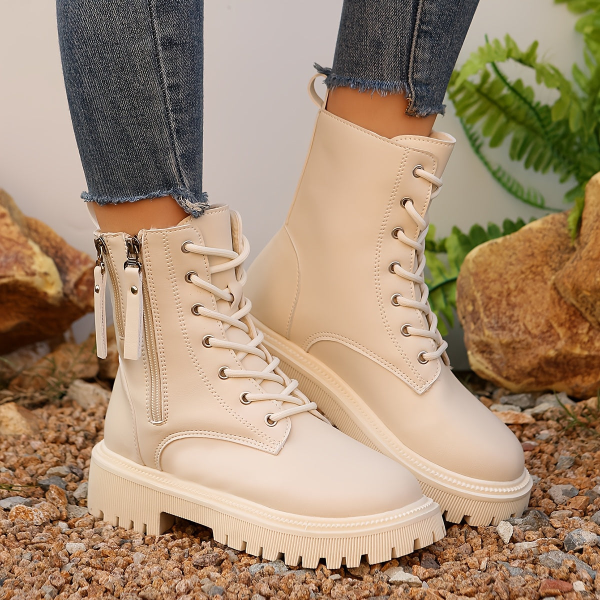 Women Casual Ankle Boots Leather Thick Sole Warm Winter Short Shoes