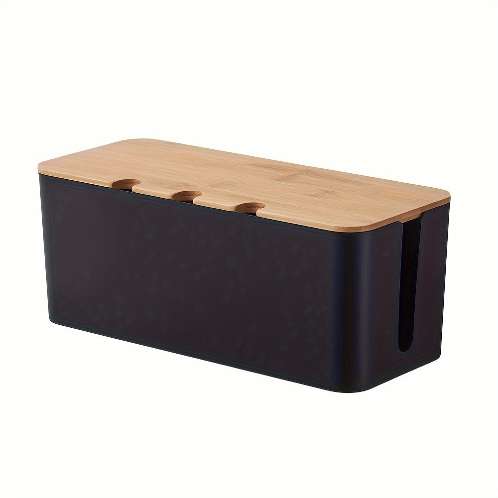 Caja de almacenamiento de escritorio con tapa de madera de bambú para organización de cables y maquillaje
