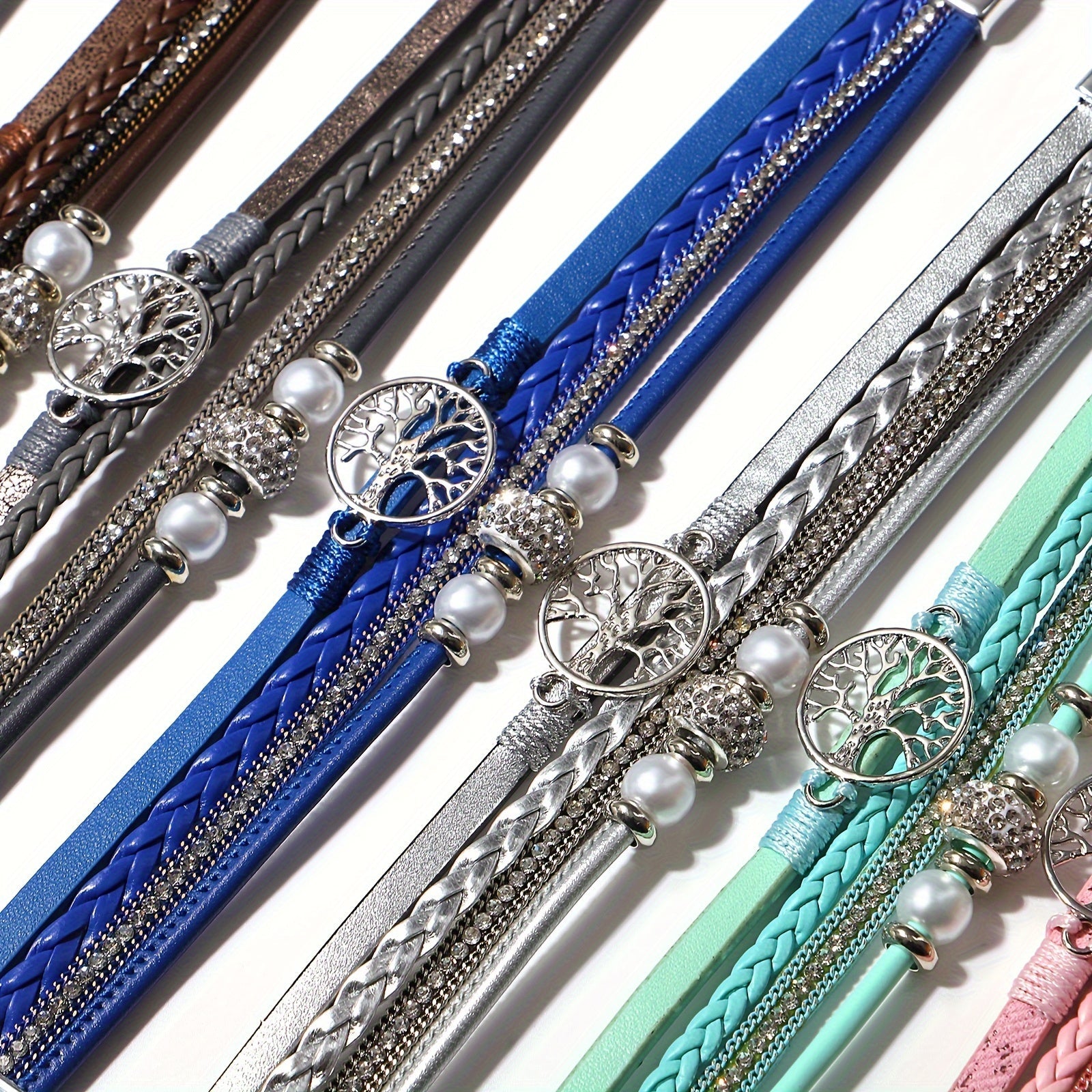 Multi-Layer Faux Leather Wristband with Tree of Life Charm and Rhinestones
