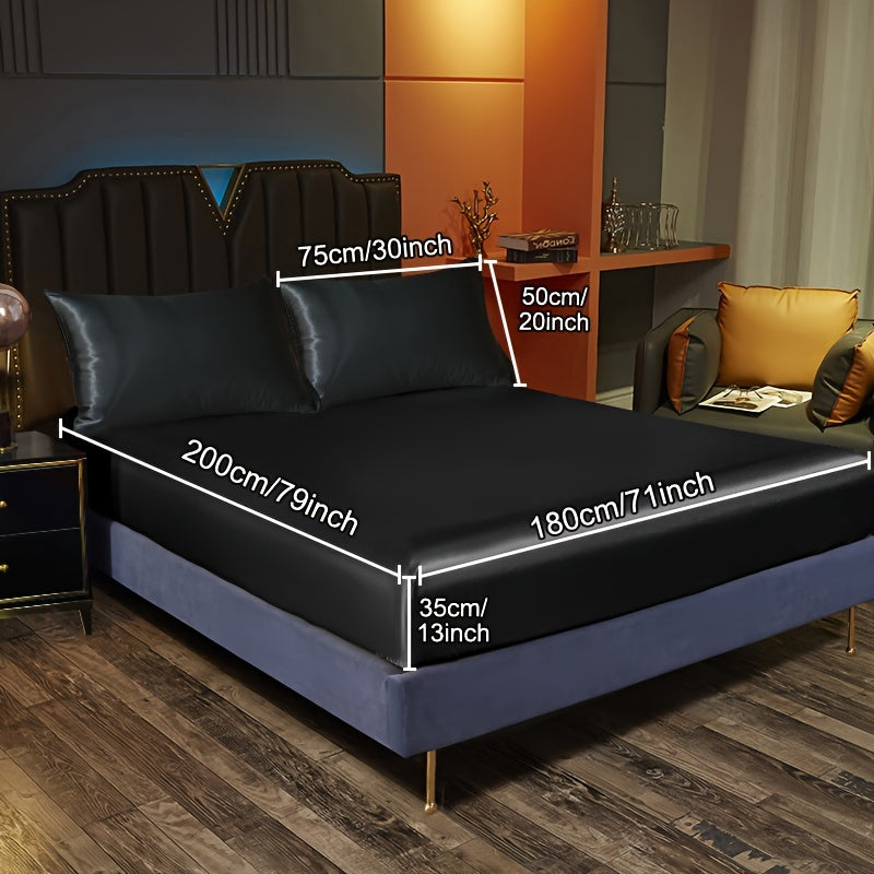 Satin Bedding Set 3 Pieces Fitted Sheet and Pillowcases Solid Color