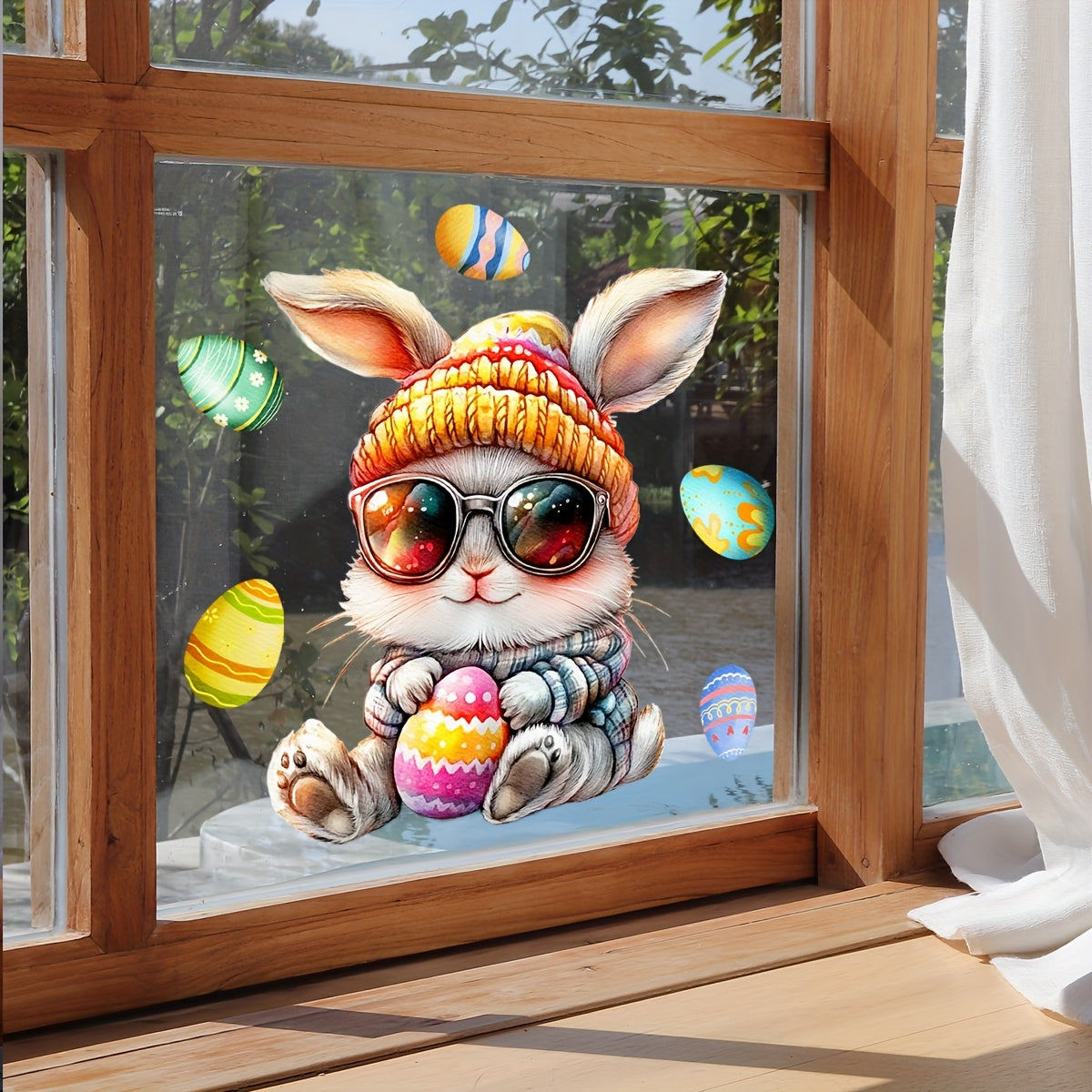 Двусторонний визуальный эффект Пасхального Крутого Кролика Наклейка на окно для раскрашивания яиц с повторно используемым ПВХ-материалом и стеклянным клеем - DJ7562-NL, толщина 5 мил
