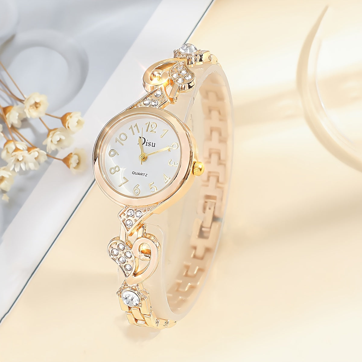 Women's Quartz Watch with Rhinestone Accents, Round Analog Bracelet, Zinc Alloy Band