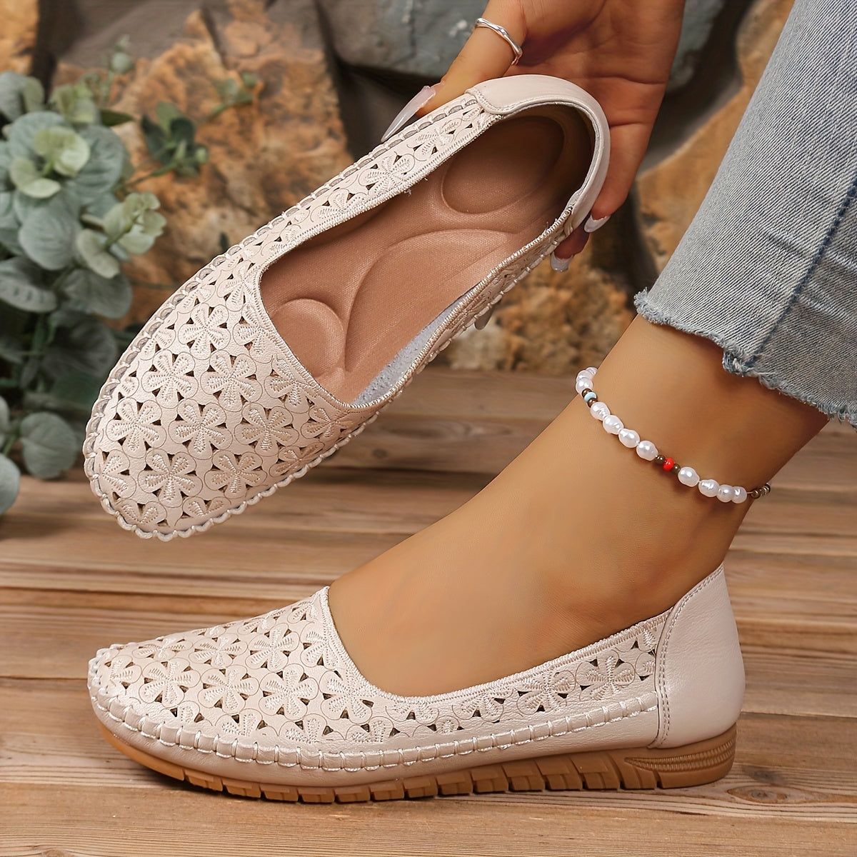 Women's White Cut-Out Slip-On Flats Synthetic Casual Shoes TPR Sole