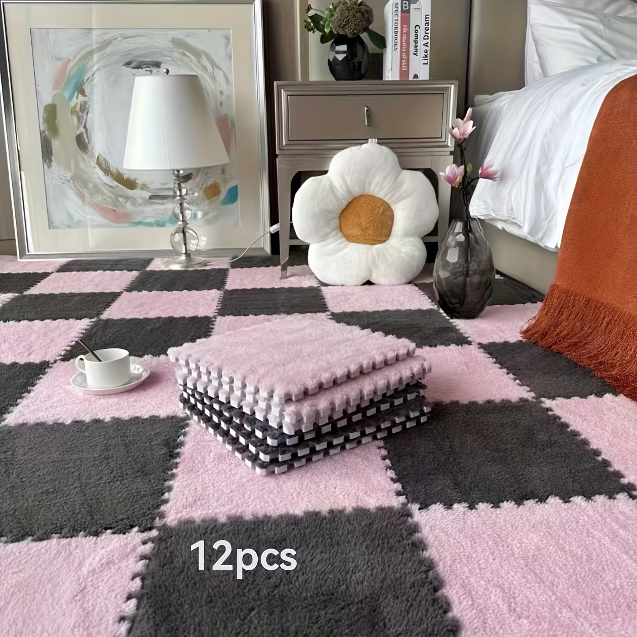 12pcs Square Flower Pattern Plush Area Rugs Set Washable Non-Slip Low Pile Polyester EVA Bedroom Living Room Decor