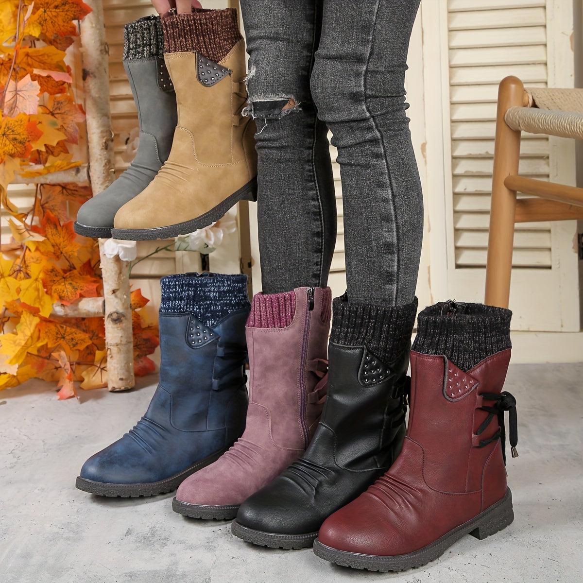 Women's Faux Cover Chunky Heel Ankle Boots with Zip Closure