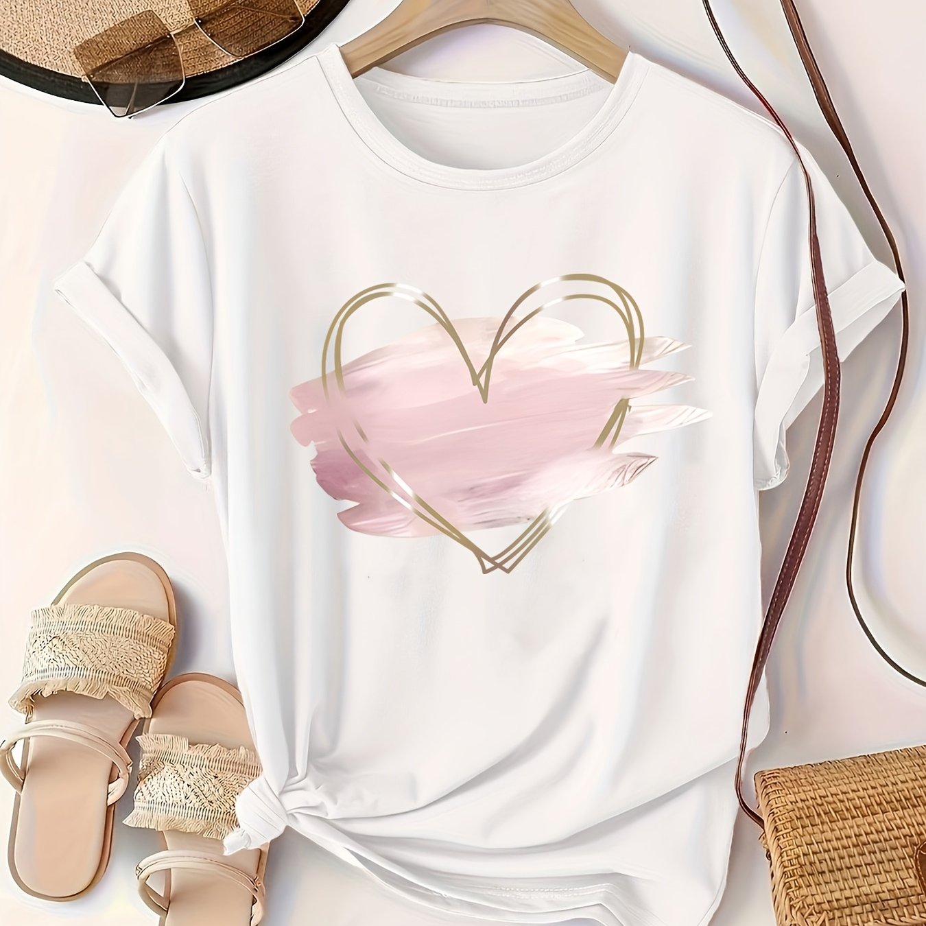 Plus Size Pink Heart Print T-Shirt with Crew Neck Short Sleeves and Medium Stretch Polyester Fabric