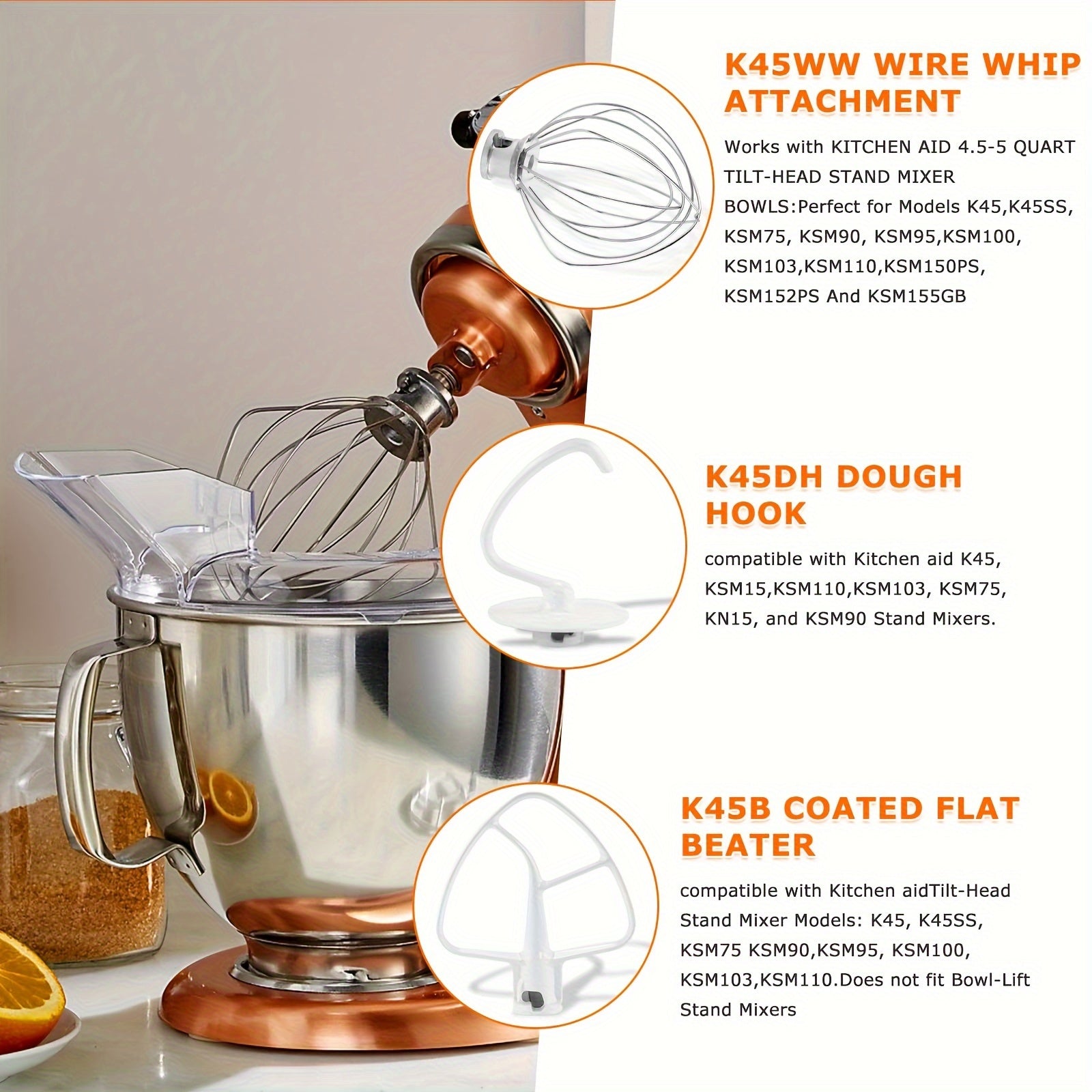 Stainless Steel Mixer Attachments 3-Piece Kit for 4.5-5QT Stand Mixers