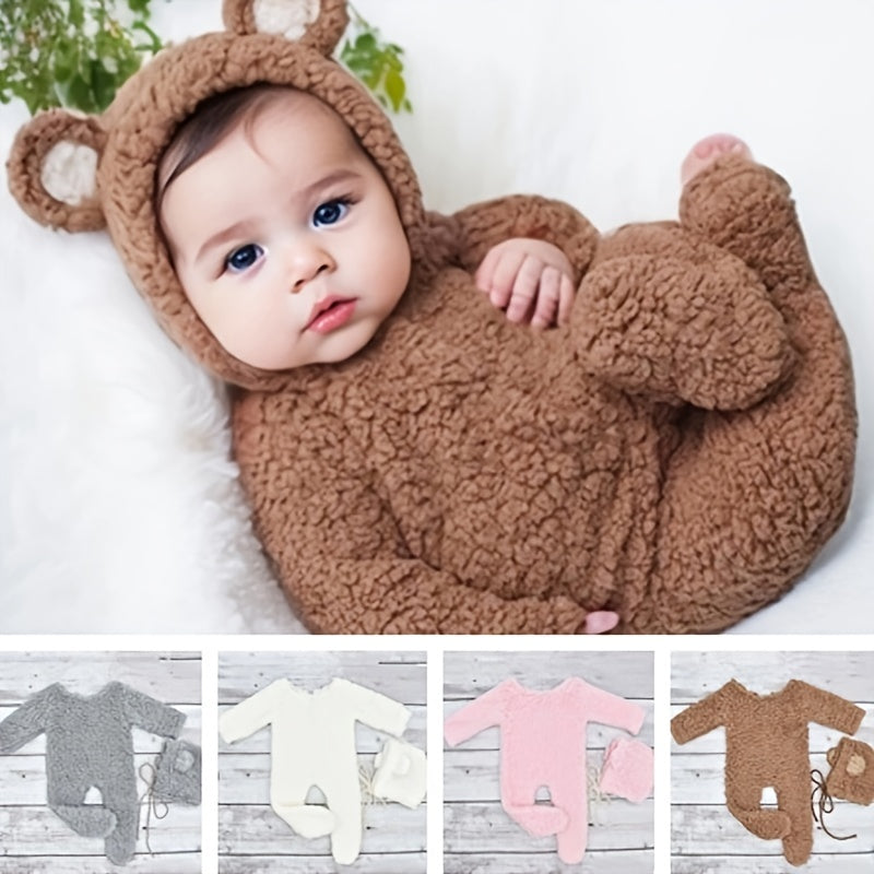 Baby Girl Acrylic Bear Outfit Set with Matching Hat in Pink Brown Grey or White