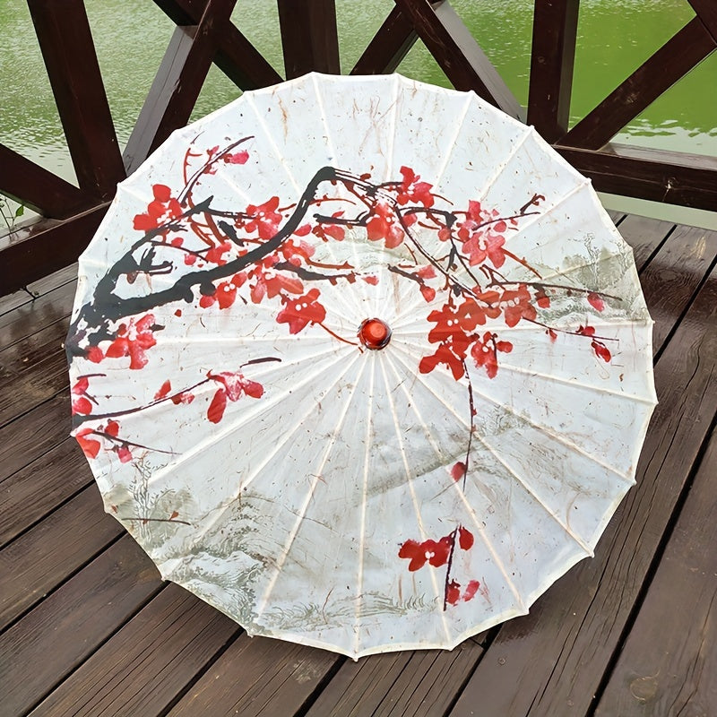 Chinese Cherry Blossom Parasol Umbrella with Bamboo Handle for Sun Rain Protection Weddings Parties