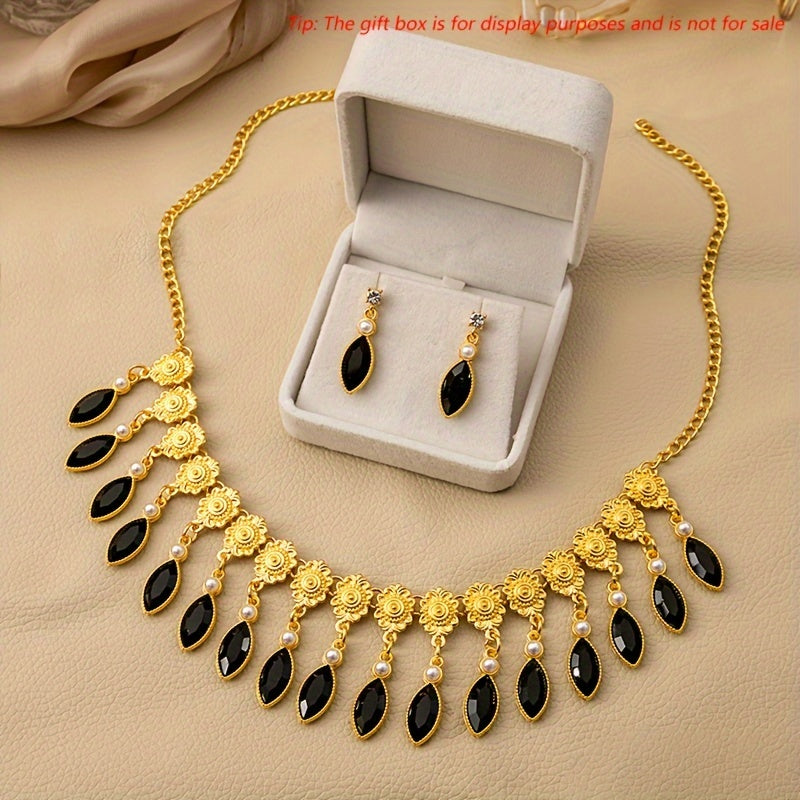 Vintage Boho-Chic Jewelry Set Rhinestone Faux Pearl Necklace Earrings Ring for Weddings and Events