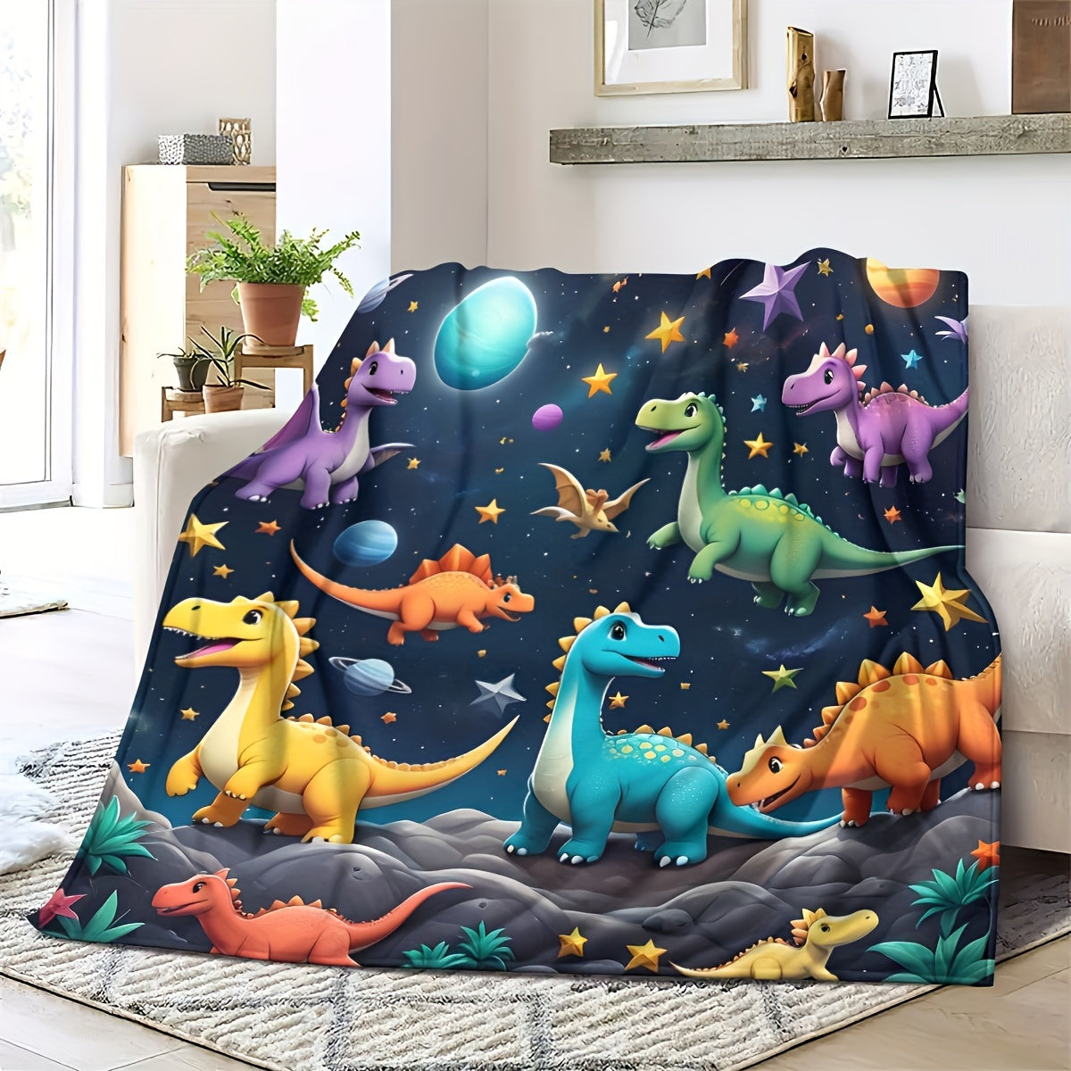 Manta de felpa con estampado de dinosaurio y estrellas, suave y cómoda para sofá, cama y viajes