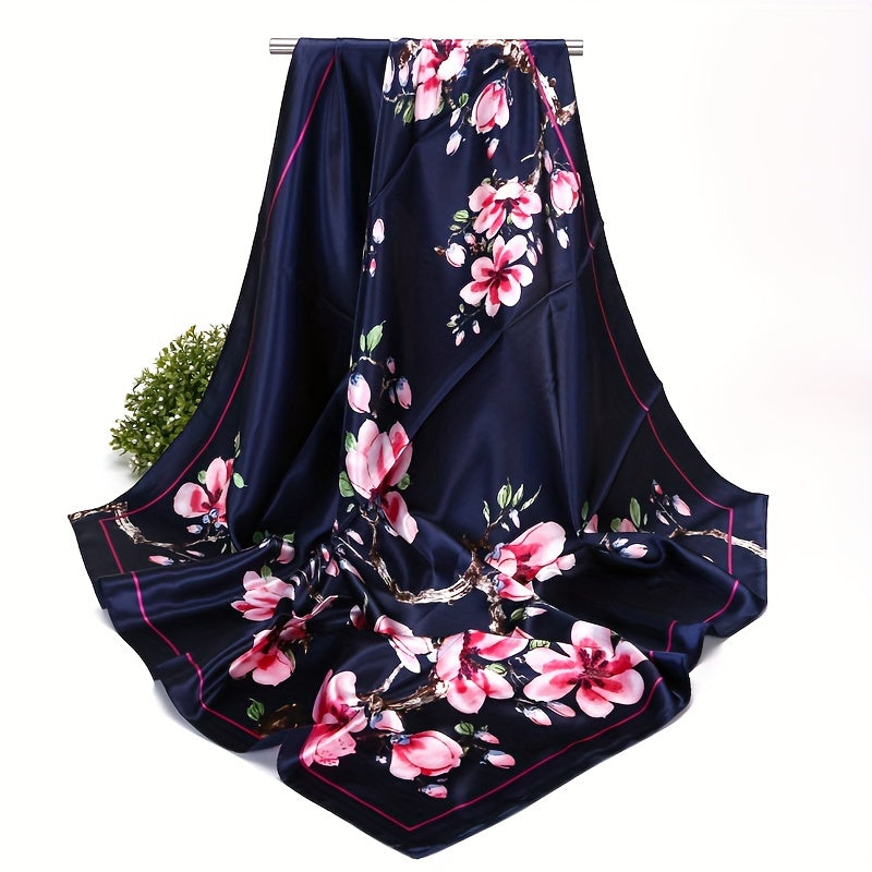Navy Blue Floral Satin Square Scarf with Pink Flower Design and Elegant Border