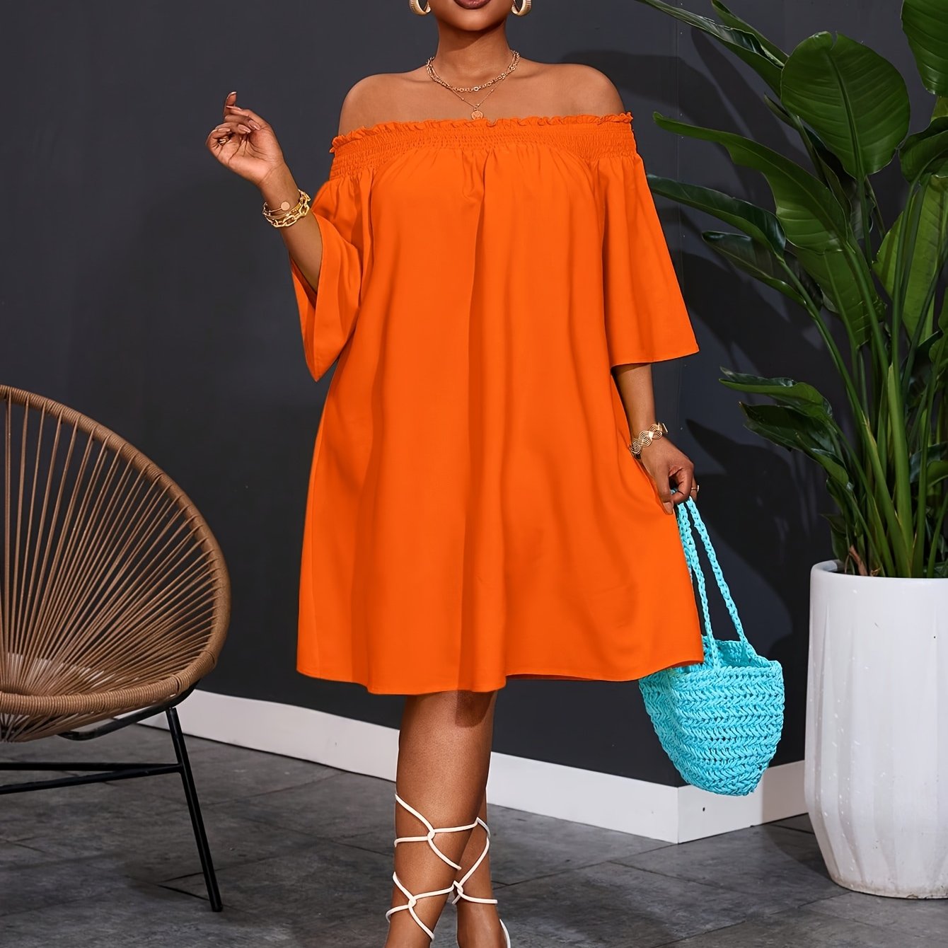 Plus Size Womens Off Shoulder Flared Hem Party Dress Yellow Casual Summer