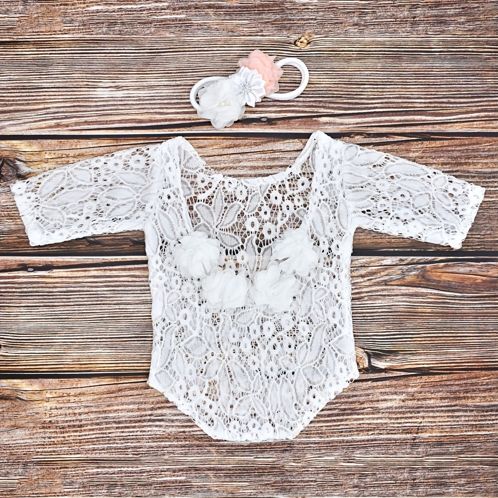 Infant Lace Romper with Headband and Hair Accessories Chiffon Embroidered Pearls