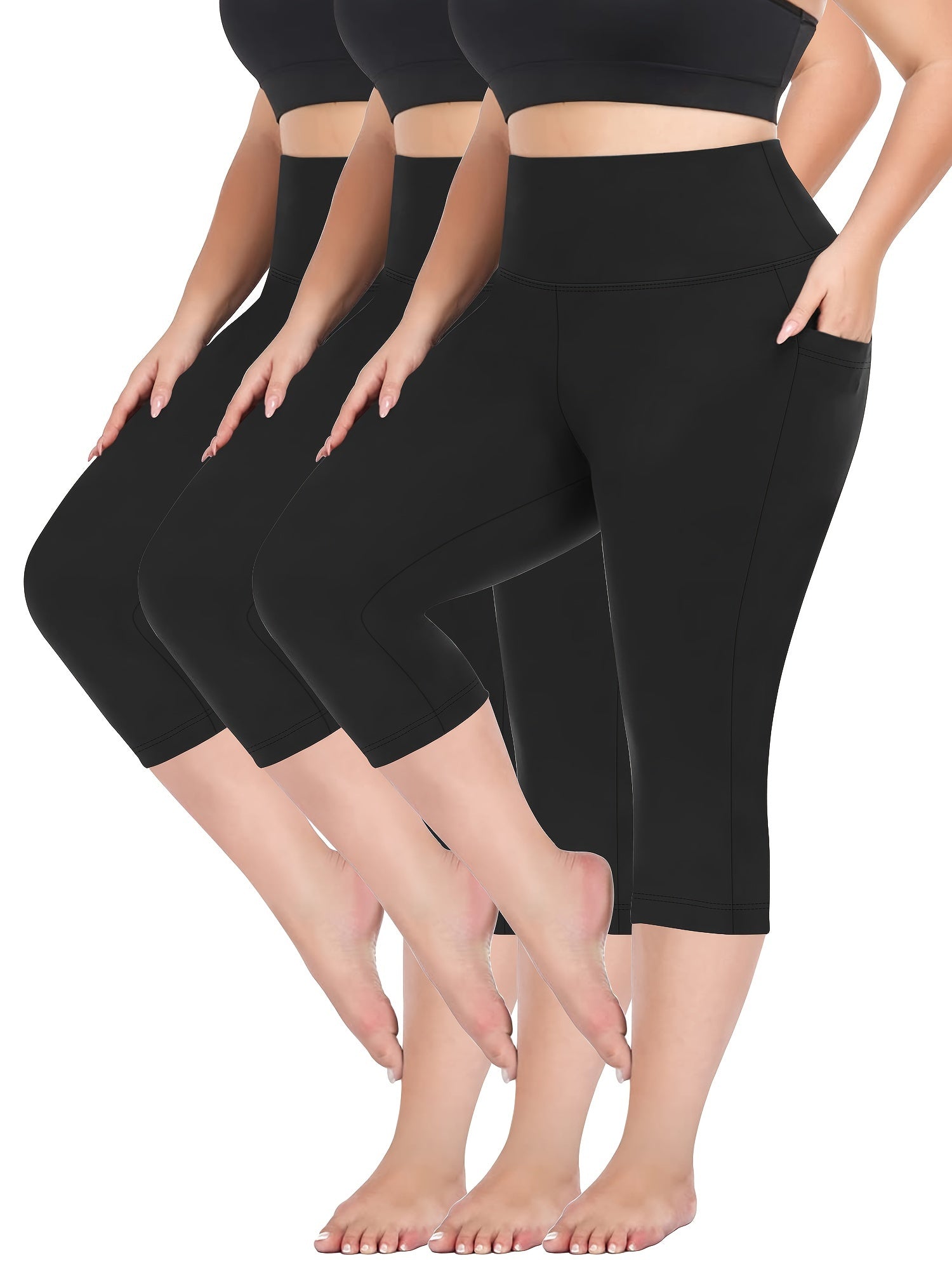 Plus Size Women Capri Leggings 3 Pack Tummy Control High Waist Pockets