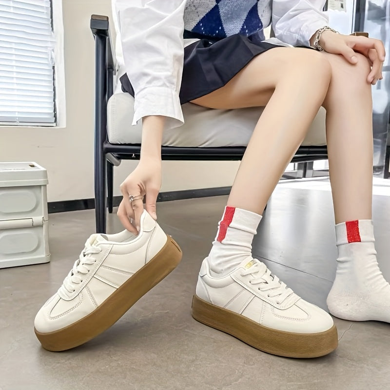 Women's Chunky Platform Sneakers White Brown Casual Lace-Up Shoes