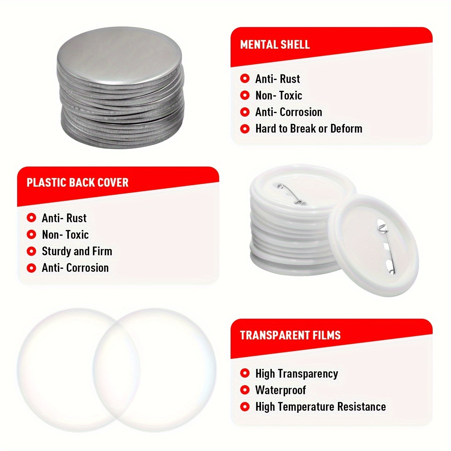 50 Sets of 58mm Round Button Parts for DIY Pin Making Plastic and Tinplate