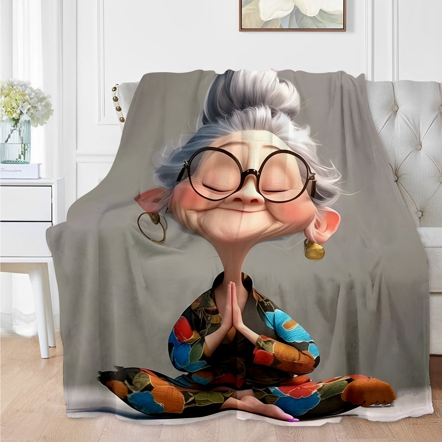 Meditating Grandma Fleece Blanket Soft Warm Cozy for Nap Travel Camping Sofa Bed Office Decor