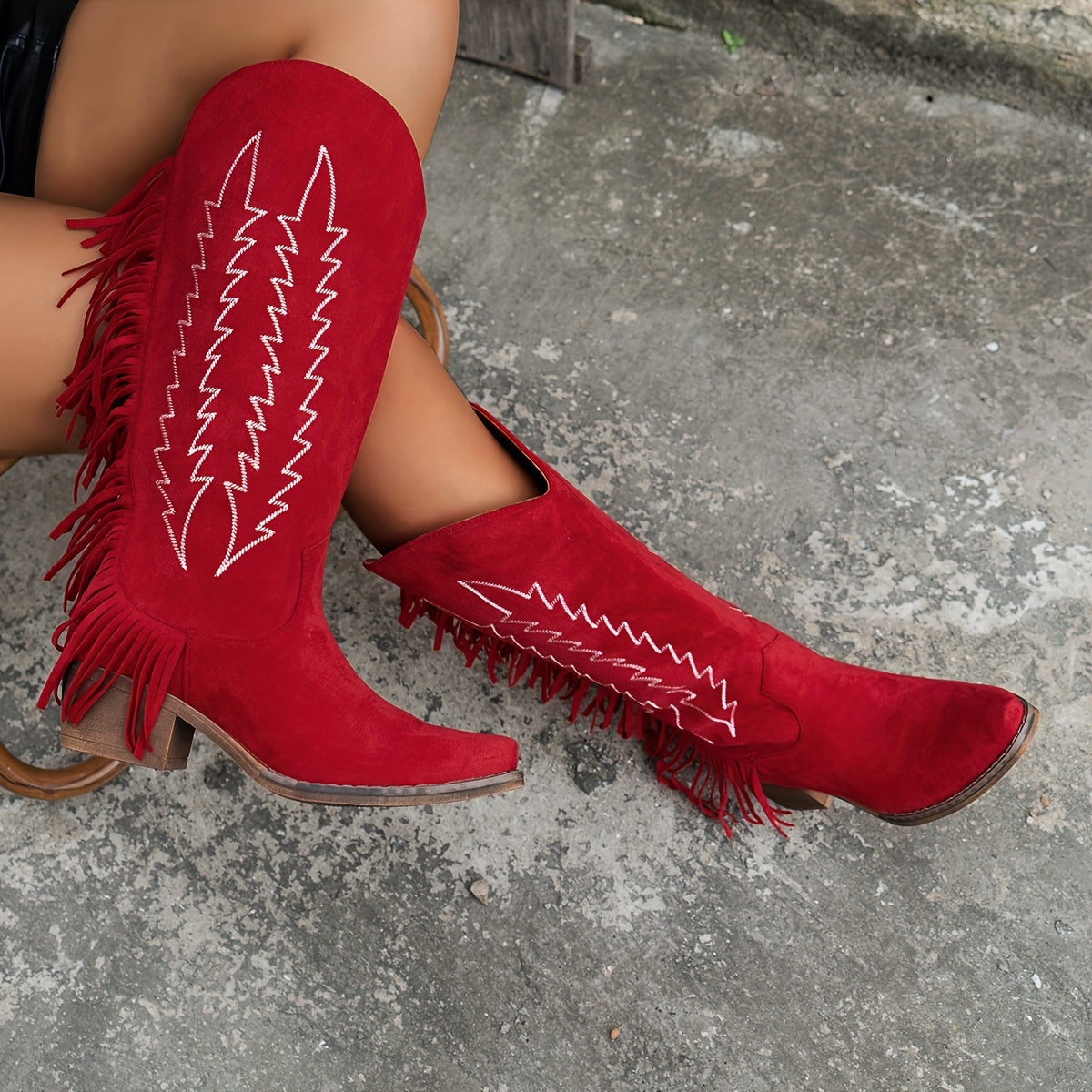 Women's Red Embroidered Western Cowboy Boots with Fringe and Block Heel