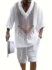 Men's Summer Casual Shorts and V-Neck T-Shirt Set Polyester Print Solid Color