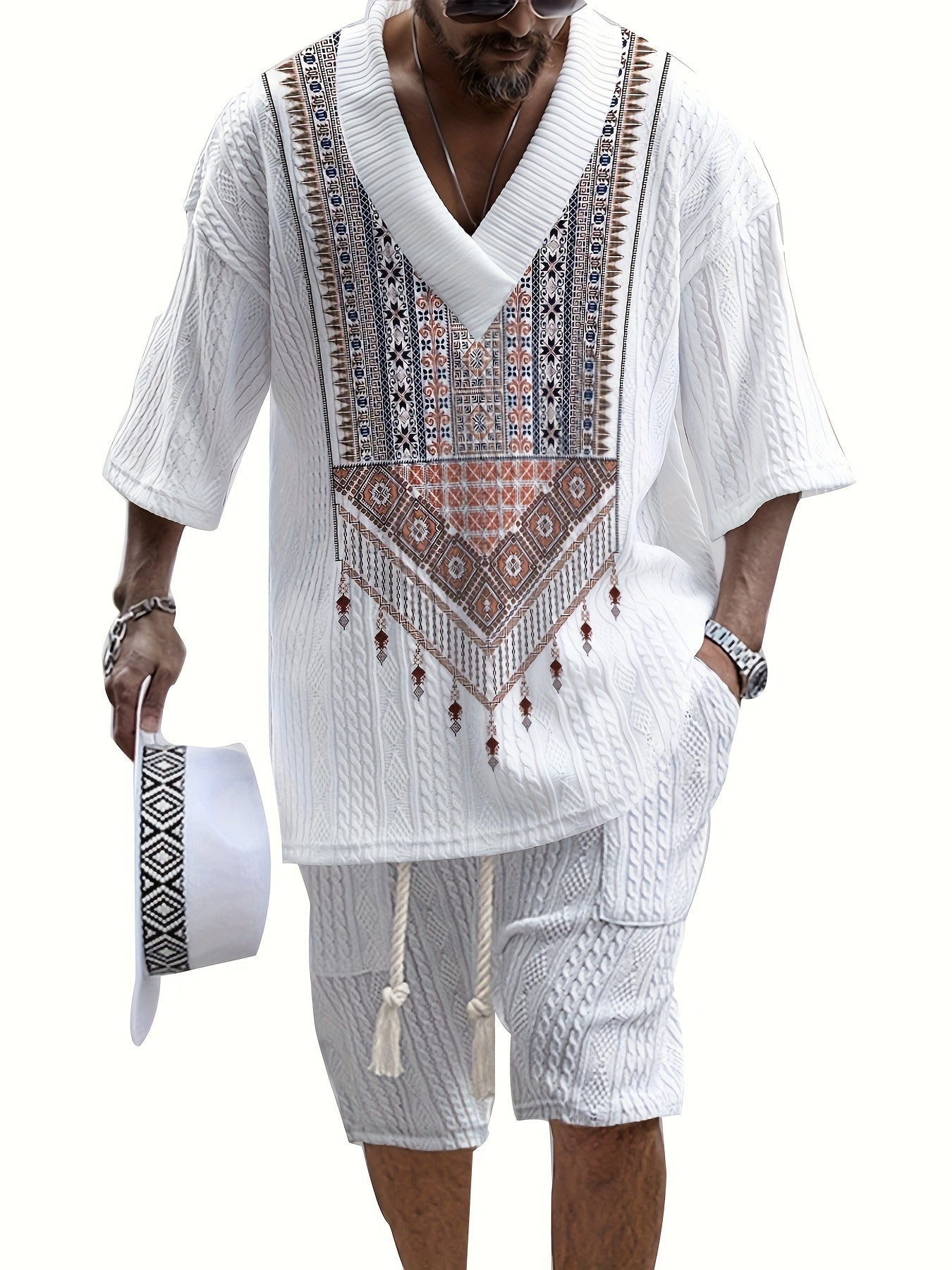 Men's Summer Casual Shorts and V-Neck T-Shirt Set Polyester Print Solid Color