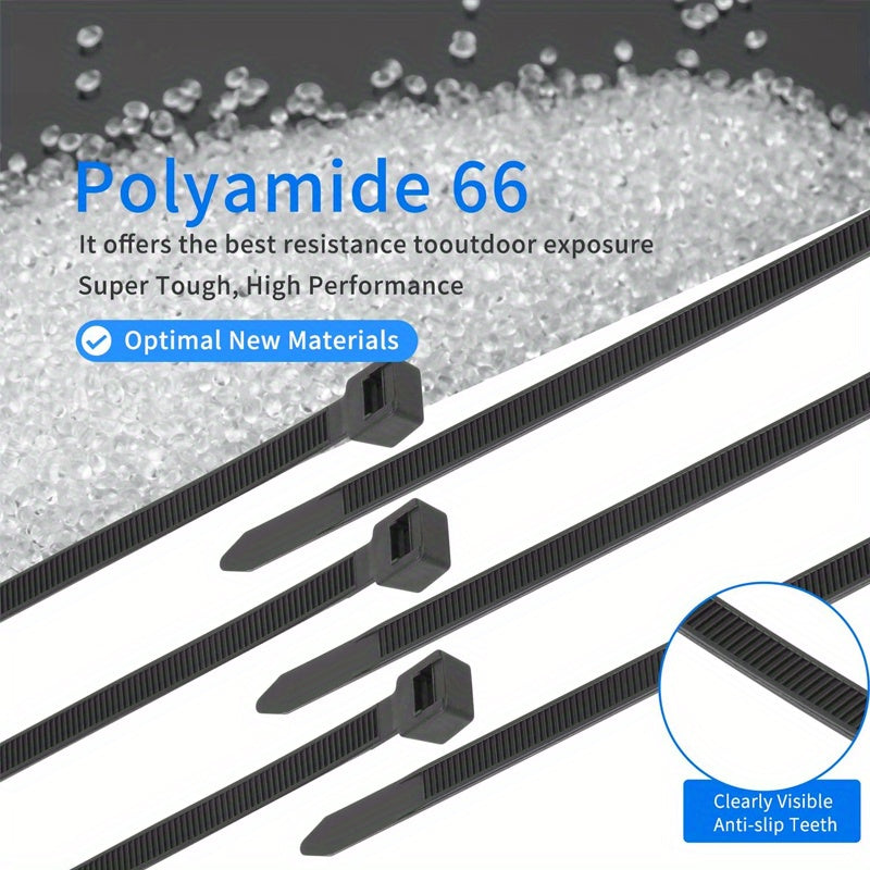 300pcs Black Nylon Zip Ties, Assorted Sizes, UV Resistant, Indoor Outdoor